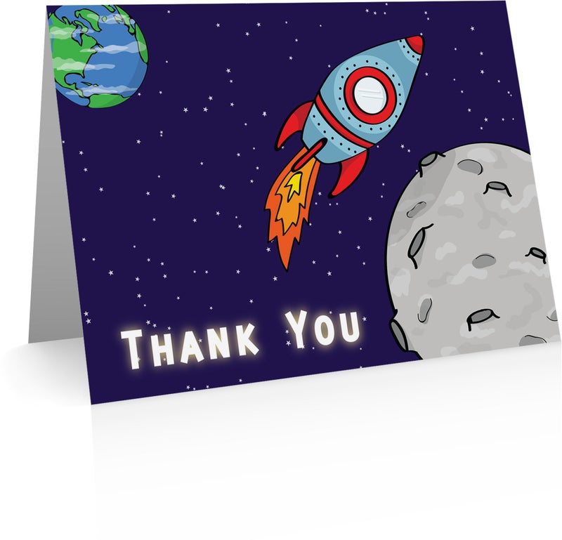 Little Notes by Comptime Rocket & Space Thank You Cards (24 Foldover Cards and Envelopes) Kids Thank You Cards - Image 1